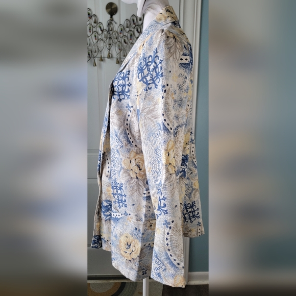 Vintage 80's Oversized Blazer Women's 12 Cream Blue & Yellow Floral Lightweight - Picture 2 of 12